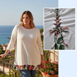 Nina Leonard White Top with Floral Lace-Up Detail